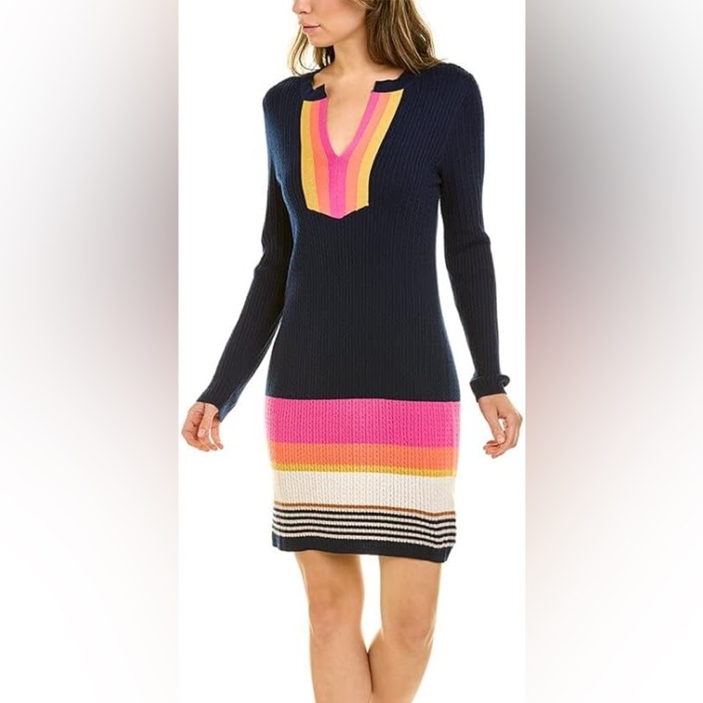 COPY - Trina Turk Navy Merino Wool Dress with Multi Colored Notched Color Sz M